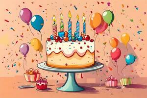 ilustração do uma aniversário bolo com velas e balões. gerado por IA foto