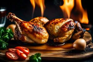 grelhado frango em uma de madeira borda com tomates e ovos. gerado por IA foto