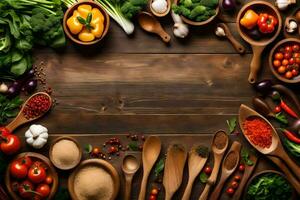 vários legumes e especiarias estão arranjado por aí uma de madeira mesa. gerado por IA foto