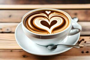 uma copo do café com coração em forma café com leite arte em uma de madeira mesa. gerado por IA foto