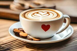 uma copo do café com uma coração em isto. gerado por IA foto