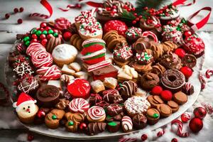 uma ampla prato do Natal biscoitos e doces. gerado por IA foto