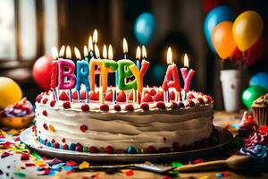 aniversário bolo com velas. gerado por IA foto