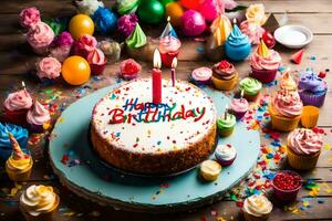 a aniversário bolo é cercado de colorida bolos de copo e colorida granulados. gerado por IA foto