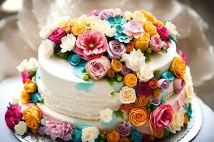 uma bolo decorado com colorida flores gerado por IA foto