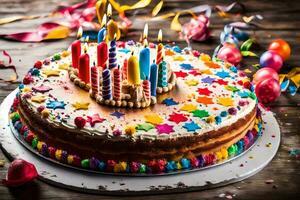 uma aniversário bolo com velas em topo. gerado por IA foto