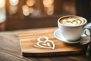 uma copo do café com uma coração em uma de madeira bandeja. gerado por IA foto