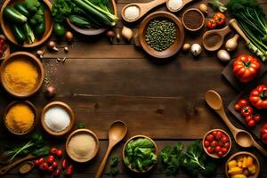 uma de madeira mesa com muitos diferente tipos do legumes e especiarias. gerado por IA foto