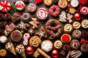 Natal biscoitos e de outros doces em uma Preto fundo. gerado por IA foto