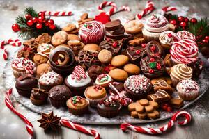 Natal sobremesa prato com doce bengalas e de outros doces. gerado por IA foto