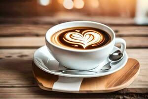 uma copo do café com coração forma dentro a espuma. gerado por IA foto