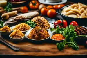 uma mesa com vários pratos do Comida. gerado por IA foto