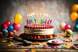 uma aniversário bolo com velas e balões. gerado por IA foto