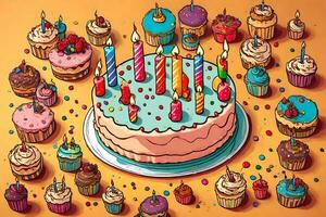 ilustração do uma aniversário bolo com velas. gerado por IA foto