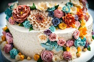uma Casamento bolo com colorida flores em topo. gerado por IA foto