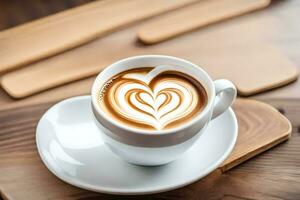 uma coração em forma café com leite dentro uma branco copo em uma de madeira mesa. gerado por IA foto