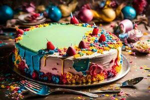 uma colorida aniversário bolo com velas em topo. gerado por IA foto