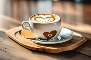 uma copo do café com uma coração Projeto em a copo. gerado por IA foto