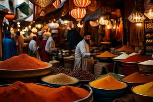 uma mercado com muitos colorida especiarias e lâmpadas. gerado por IA foto