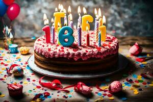 uma aniversário bolo com velas e números este dizer 18. gerado por IA foto