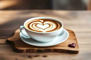 uma copo do café com coração em forma café com leite arte em uma de madeira mesa. gerado por IA foto