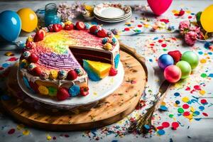 uma colorida bolo com uma fatia ocupado fora. gerado por IA foto