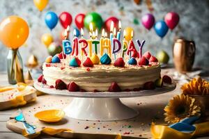 uma aniversário bolo com velas em topo e balões. gerado por IA foto