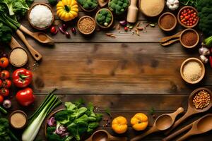 uma de madeira mesa com vários legumes e especiarias. gerado por IA foto