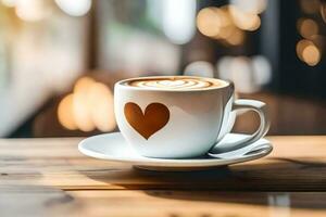 uma copo do café com uma em forma de coração Projeto em a copo. gerado por IA foto