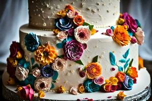 uma Casamento bolo com colorida flores em topo. gerado por IA foto