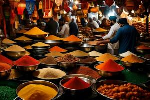 uma mercado com muitos colorida taças do especiarias. gerado por IA foto