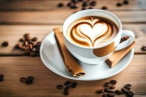 uma copo do café com uma coração forma dentro a meio. gerado por IA foto