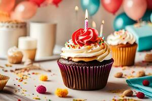 aniversário bolos de copo com velas em uma mesa. gerado por IA foto