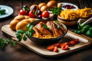 frango seio com massa e legumes em uma de madeira mesa. gerado por IA foto