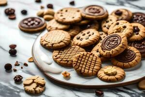 uma prato do biscoitos em uma mármore contador. gerado por IA foto