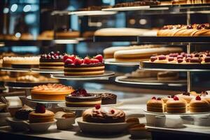 uma exibição do bolos e pastelaria dentro uma padaria. gerado por IA foto