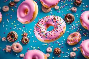 rosquinhas vôo dentro a ar em uma azul fundo. gerado por IA foto