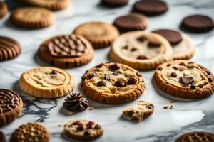 uma variedade do biscoitos em uma mármore contador. gerado por IA foto