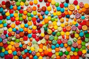uma ampla pilha do colorida doce doces. gerado por IA foto