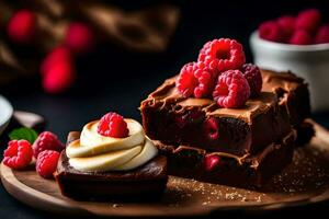 chocolate brownies com framboesas em uma de madeira placa. gerado por IA foto