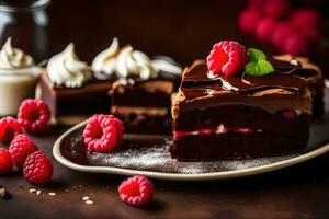 chocolate bolo com framboesas e hortelã em uma placa. gerado por IA foto