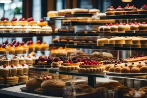 uma padaria exibição com muitos diferente tipos do pastelaria. gerado por IA foto