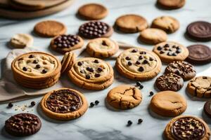 uma variedade do biscoitos e chocolate salgadinhos. gerado por IA foto