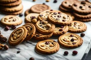 uma grupo do biscoitos em uma mármore contador. gerado por IA foto