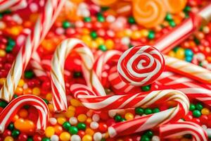 muitos doce bengalas e doce pirulitos estão espalhados em uma mesa. gerado por IA foto