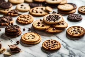 uma variedade do biscoitos e chocolate salgadinhos. gerado por IA foto