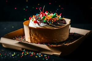 uma aniversário bolo com granulados em uma Preto fundo. gerado por IA foto