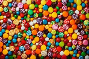 uma ampla pilha do colorida doce doces. gerado por IA foto
