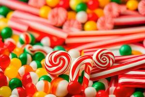 muitos colorida doce doces estão arranjado dentro uma pilha. gerado por IA foto