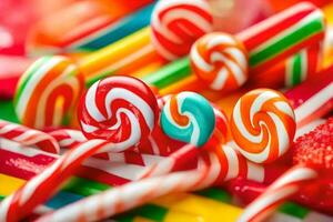 muitos colorida doce doces estão arranjado junto. gerado por IA foto